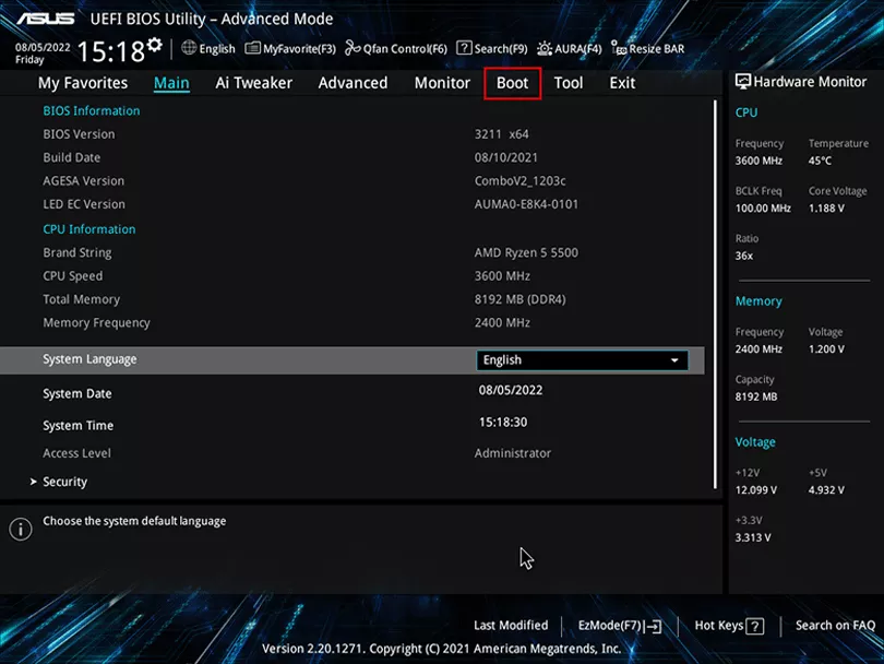 Boot keys table